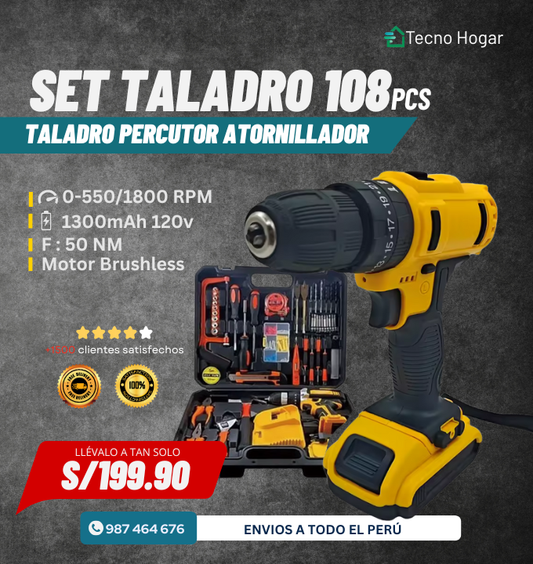 SET TALADRO PERCUTOR ATORNILLADOR 108Pcs